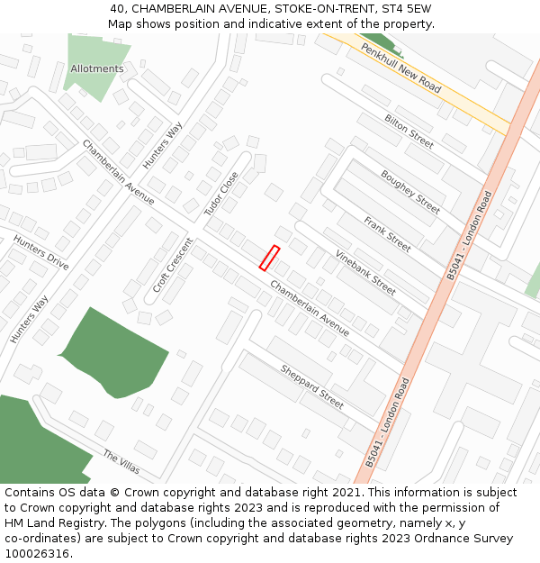 40, CHAMBERLAIN AVENUE, STOKE-ON-TRENT, ST4 5EW: Location map and indicative extent of plot