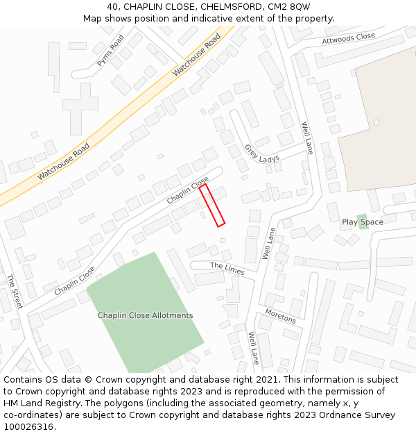 40, CHAPLIN CLOSE, CHELMSFORD, CM2 8QW: Location map and indicative extent of plot