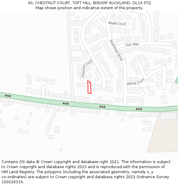 40, CHESTNUT COURT, TOFT HILL, BISHOP AUCKLAND, DL14 0TQ: Location map and indicative extent of plot