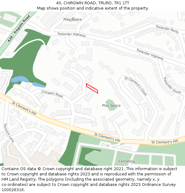 40, CHIRGWIN ROAD, TRURO, TR1 1TT: Location map and indicative extent of plot