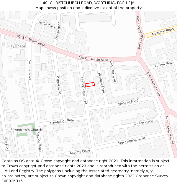 40, CHRISTCHURCH ROAD, WORTHING, BN11 1JA: Location map and indicative extent of plot