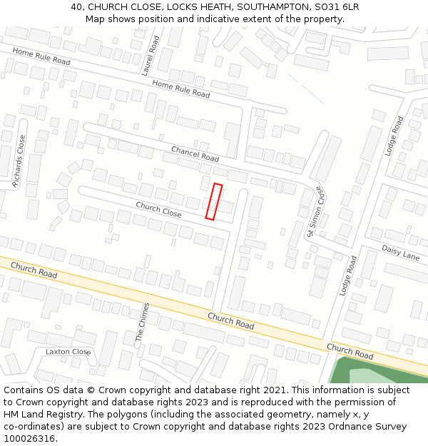 40, CHURCH CLOSE, LOCKS HEATH, SOUTHAMPTON, SO31 6LR: Location map and indicative extent of plot