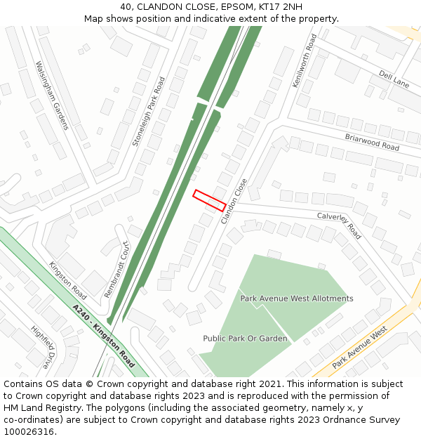 40, CLANDON CLOSE, EPSOM, KT17 2NH: Location map and indicative extent of plot
