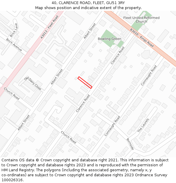 40, CLARENCE ROAD, FLEET, GU51 3RY: Location map and indicative extent of plot