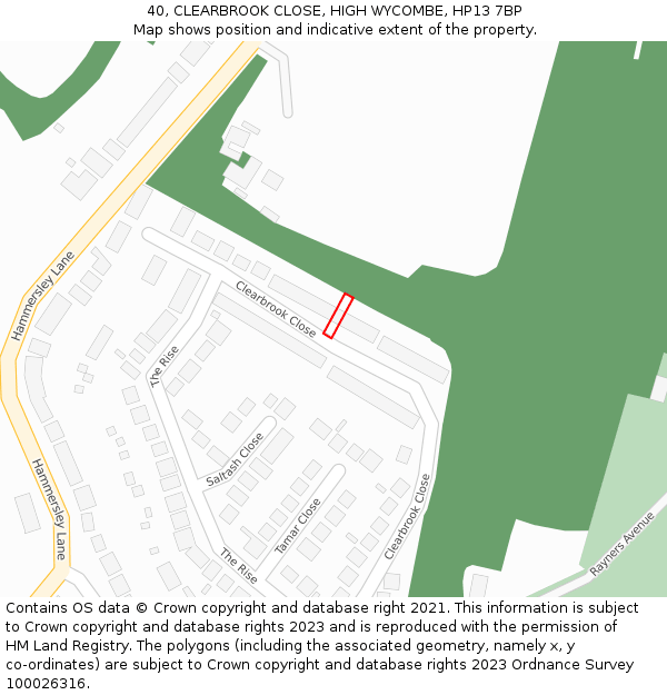 40, CLEARBROOK CLOSE, HIGH WYCOMBE, HP13 7BP: Location map and indicative extent of plot