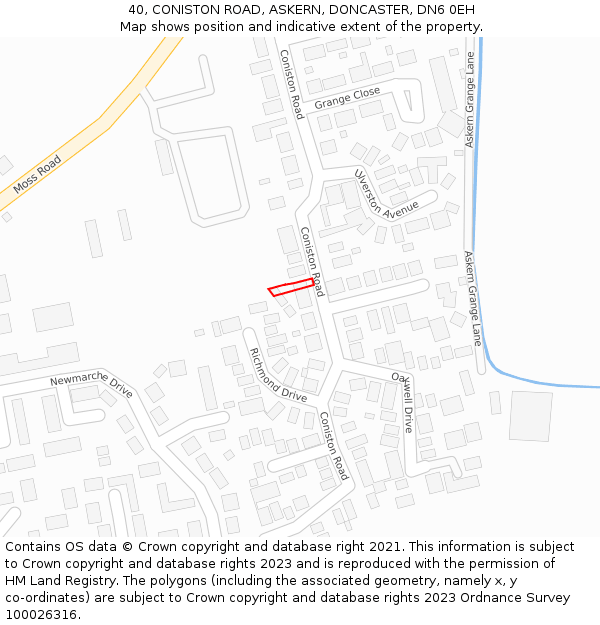 40, CONISTON ROAD, ASKERN, DONCASTER, DN6 0EH: Location map and indicative extent of plot