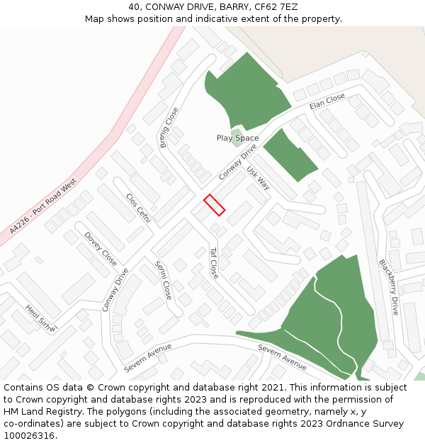 40, CONWAY DRIVE, BARRY, CF62 7EZ: Location map and indicative extent of plot