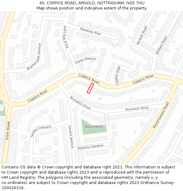 40, COPPICE ROAD, ARNOLD, NOTTINGHAM, NG5 7HU: Location map and indicative extent of plot