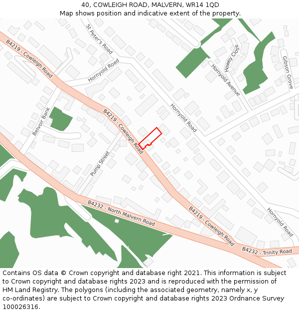 40, COWLEIGH ROAD, MALVERN, WR14 1QD: Location map and indicative extent of plot