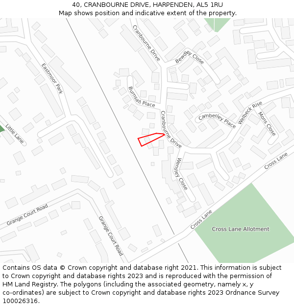 40, CRANBOURNE DRIVE, HARPENDEN, AL5 1RU: Location map and indicative extent of plot