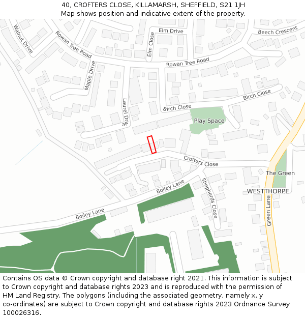 40, CROFTERS CLOSE, KILLAMARSH, SHEFFIELD, S21 1JH: Location map and indicative extent of plot