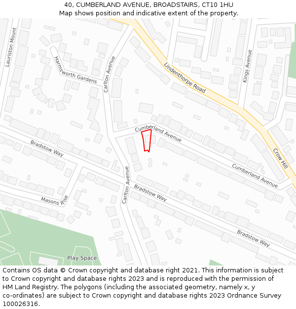 40, CUMBERLAND AVENUE, BROADSTAIRS, CT10 1HU: Location map and indicative extent of plot