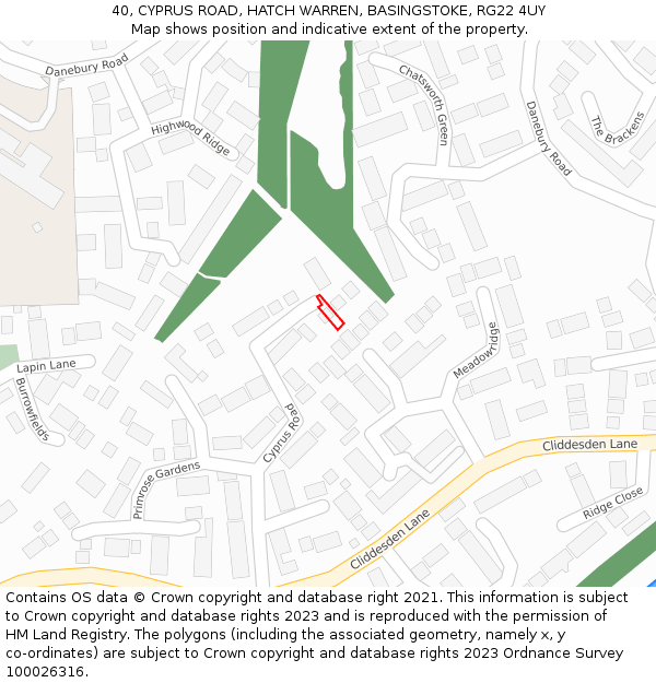 40, CYPRUS ROAD, HATCH WARREN, BASINGSTOKE, RG22 4UY: Location map and indicative extent of plot