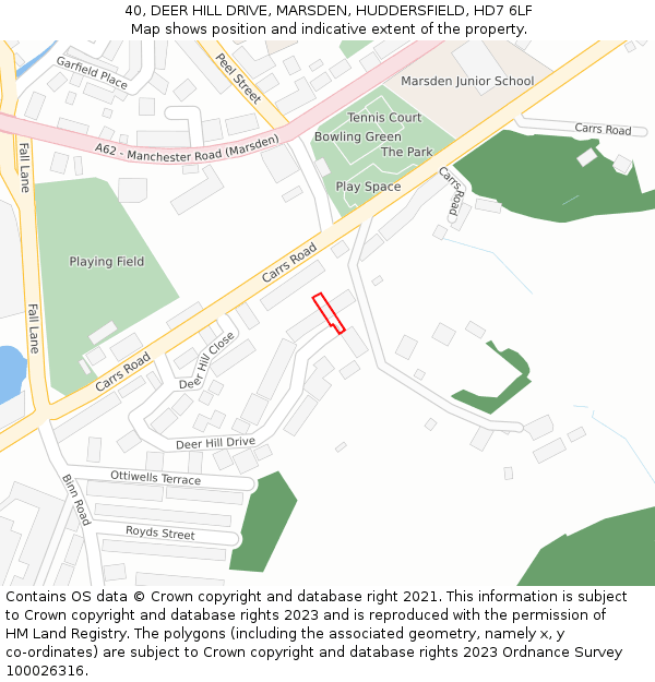 40, DEER HILL DRIVE, MARSDEN, HUDDERSFIELD, HD7 6LF: Location map and indicative extent of plot