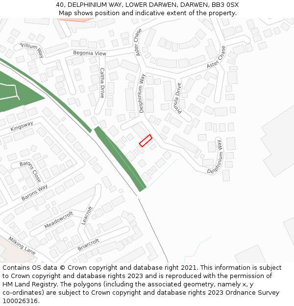 40, DELPHINIUM WAY, LOWER DARWEN, DARWEN, BB3 0SX: Location map and indicative extent of plot