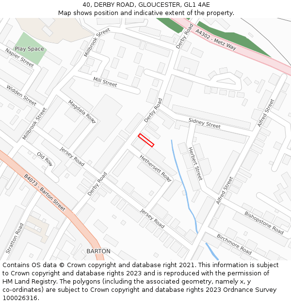 40, DERBY ROAD, GLOUCESTER, GL1 4AE: Location map and indicative extent of plot