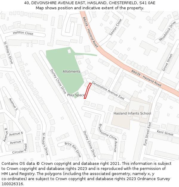 40, DEVONSHIRE AVENUE EAST, HASLAND, CHESTERFIELD, S41 0AE: Location map and indicative extent of plot