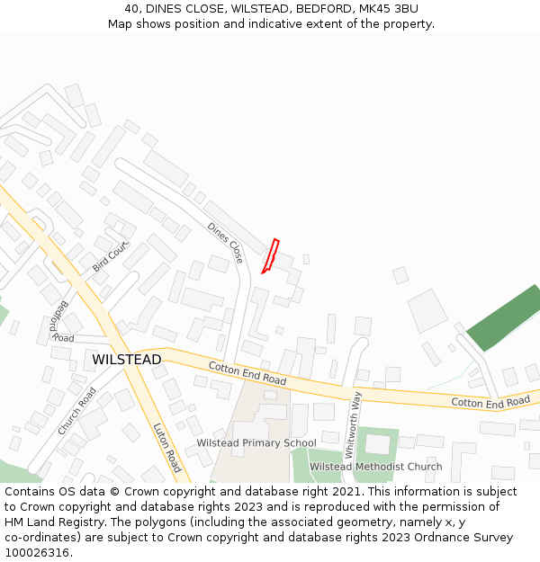 40, DINES CLOSE, WILSTEAD, BEDFORD, MK45 3BU: Location map and indicative extent of plot