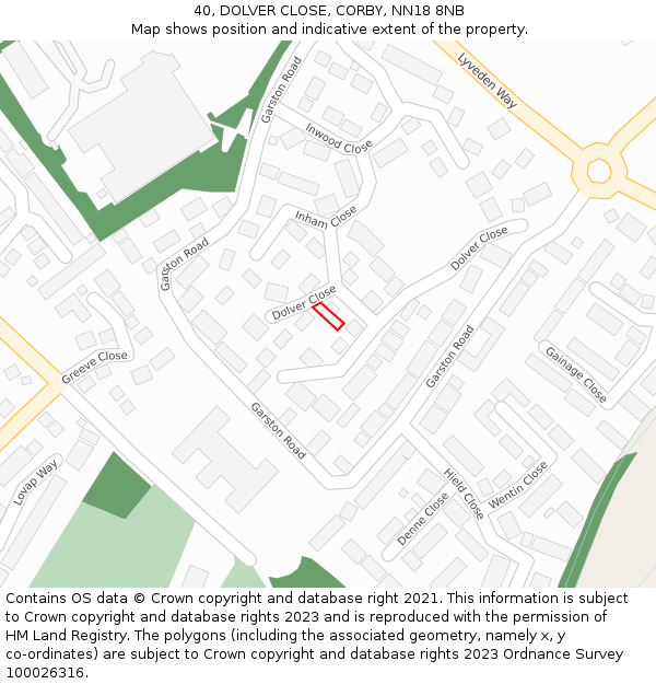 40, DOLVER CLOSE, CORBY, NN18 8NB: Location map and indicative extent of plot