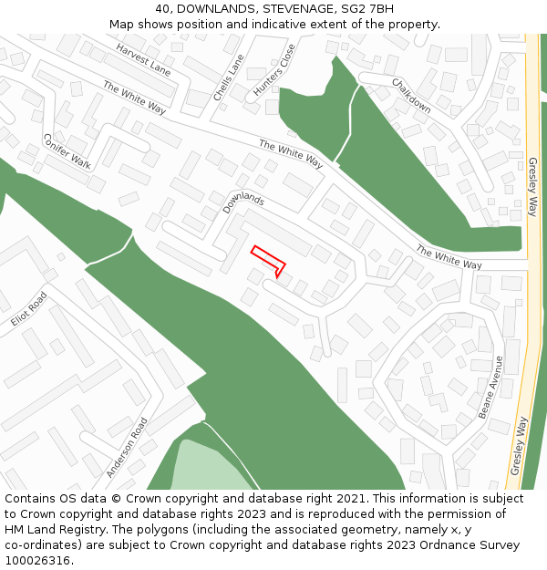 40, DOWNLANDS, STEVENAGE, SG2 7BH: Location map and indicative extent of plot