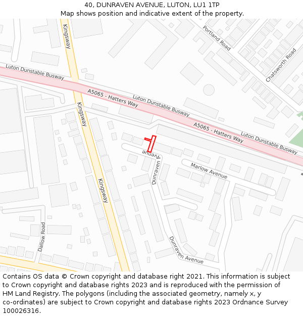 40, DUNRAVEN AVENUE, LUTON, LU1 1TP: Location map and indicative extent of plot