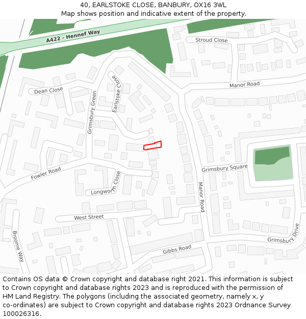 40, EARLSTOKE CLOSE, BANBURY, OX16 3WL: Location map and indicative extent of plot