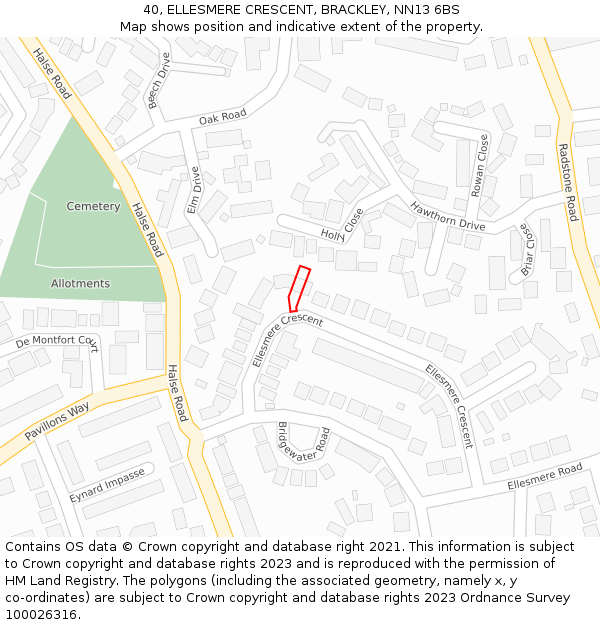 40, ELLESMERE CRESCENT, BRACKLEY, NN13 6BS: Location map and indicative extent of plot