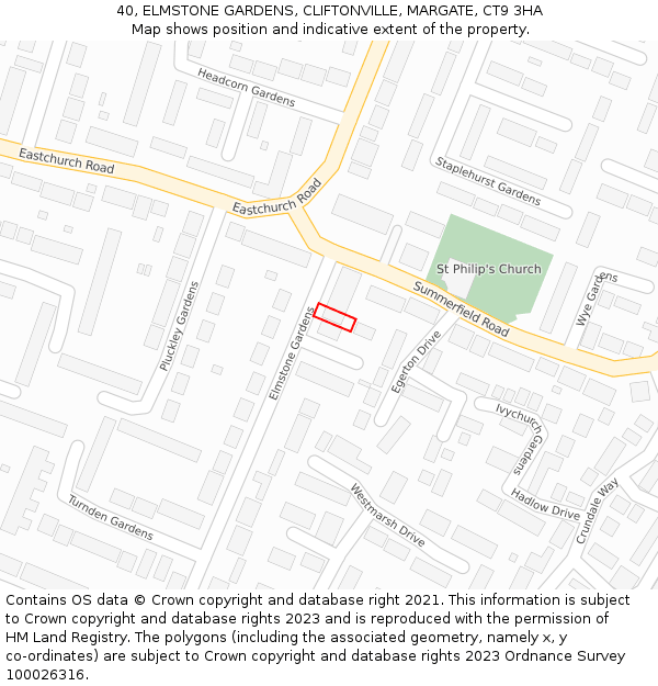 40, ELMSTONE GARDENS, CLIFTONVILLE, MARGATE, CT9 3HA: Location map and indicative extent of plot