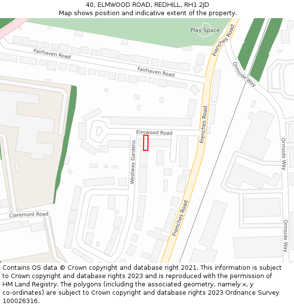 40, ELMWOOD ROAD, REDHILL, RH1 2JD: Location map and indicative extent of plot