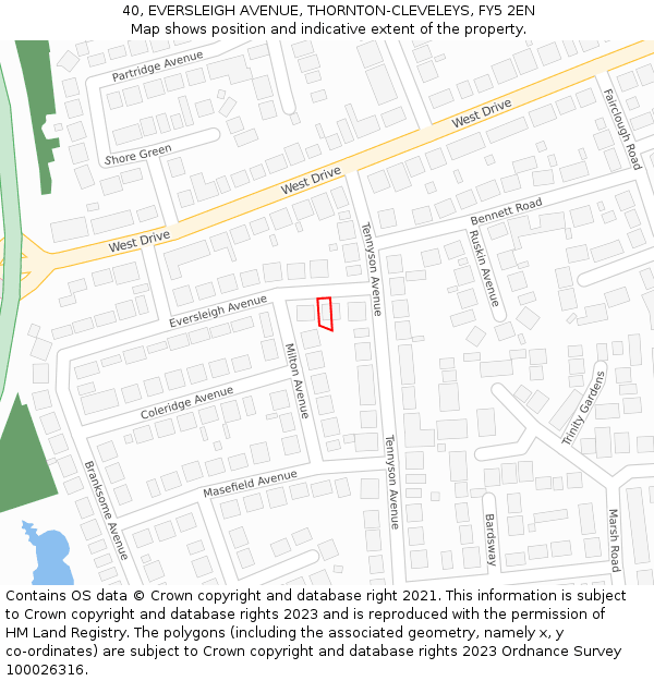 40, EVERSLEIGH AVENUE, THORNTON-CLEVELEYS, FY5 2EN: Location map and indicative extent of plot