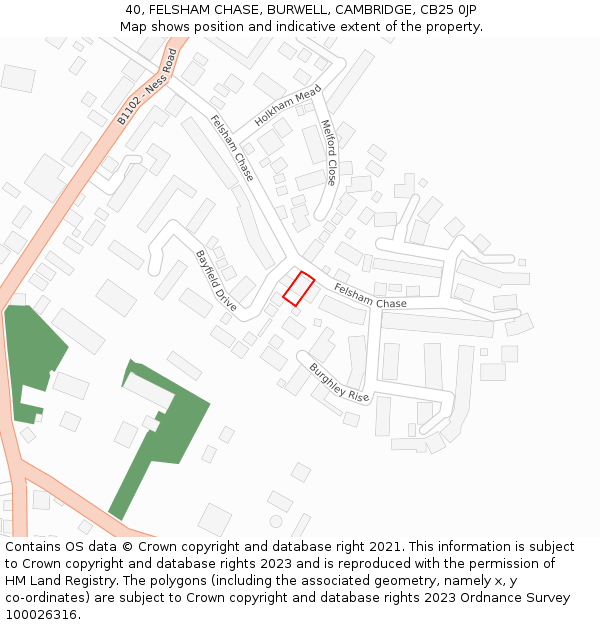 40, FELSHAM CHASE, BURWELL, CAMBRIDGE, CB25 0JP: Location map and indicative extent of plot