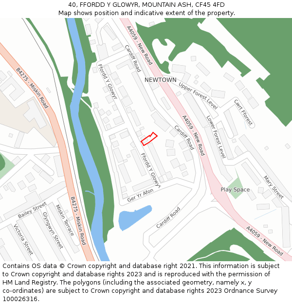 40, FFORDD Y GLOWYR, MOUNTAIN ASH, CF45 4FD: Location map and indicative extent of plot