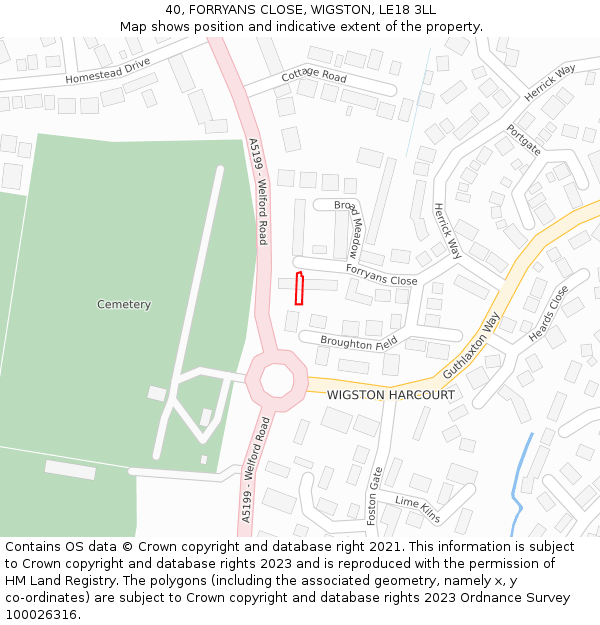 40, FORRYANS CLOSE, WIGSTON, LE18 3LL: Location map and indicative extent of plot