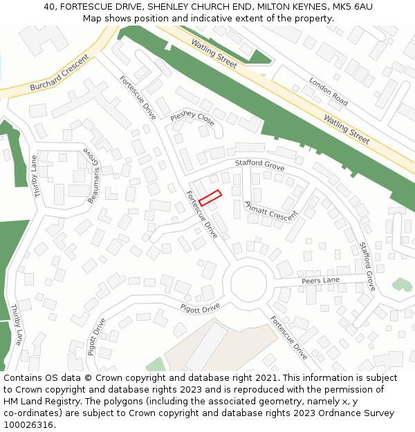 40, FORTESCUE DRIVE, SHENLEY CHURCH END, MILTON KEYNES, MK5 6AU: Location map and indicative extent of plot