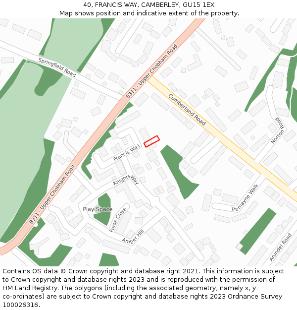 40, FRANCIS WAY, CAMBERLEY, GU15 1EX: Location map and indicative extent of plot