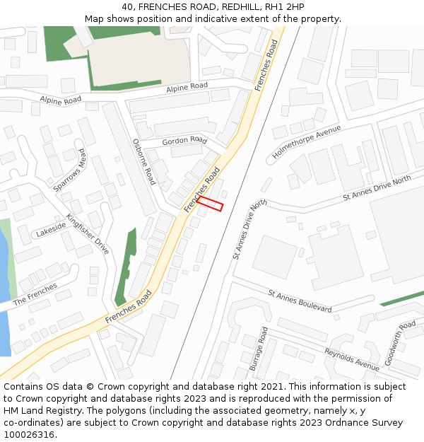 40, FRENCHES ROAD, REDHILL, RH1 2HP: Location map and indicative extent of plot