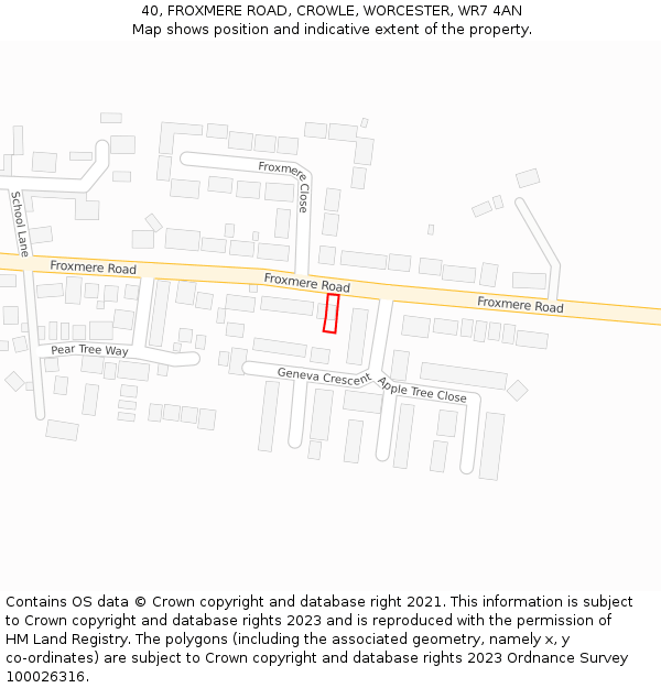 40, FROXMERE ROAD, CROWLE, WORCESTER, WR7 4AN: Location map and indicative extent of plot