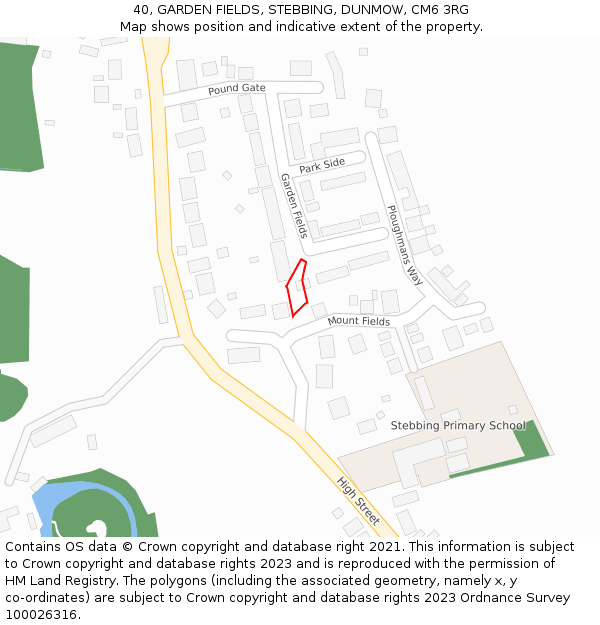 40, GARDEN FIELDS, STEBBING, DUNMOW, CM6 3RG: Location map and indicative extent of plot