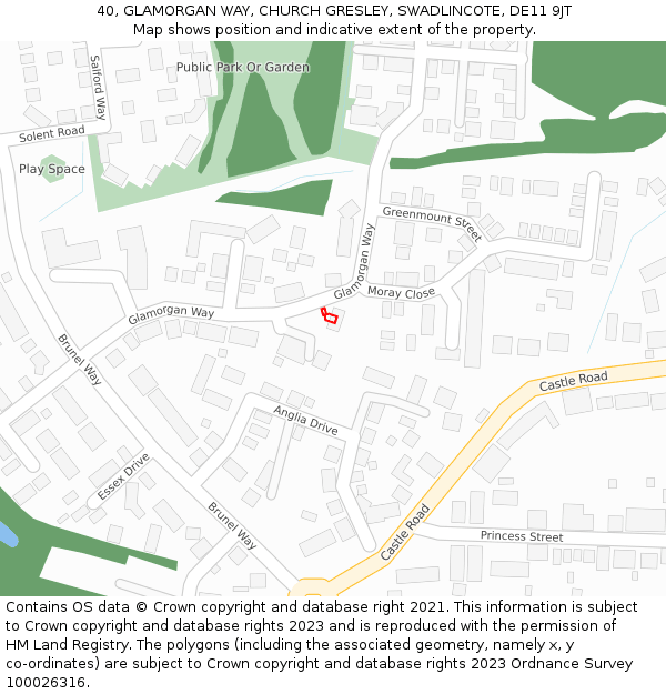 40, GLAMORGAN WAY, CHURCH GRESLEY, SWADLINCOTE, DE11 9JT: Location map and indicative extent of plot