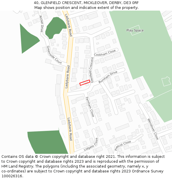 40, GLENFIELD CRESCENT, MICKLEOVER, DERBY, DE3 0RF: Location map and indicative extent of plot