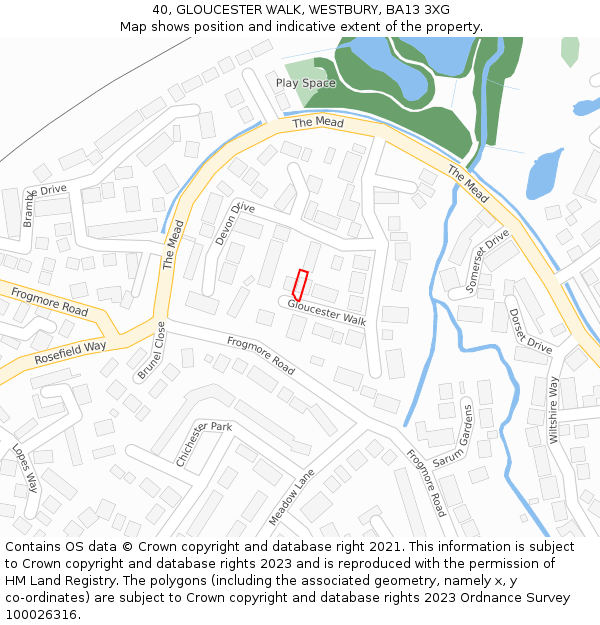 40, GLOUCESTER WALK, WESTBURY, BA13 3XG: Location map and indicative extent of plot