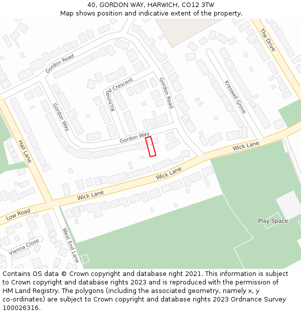 40, GORDON WAY, HARWICH, CO12 3TW: Location map and indicative extent of plot