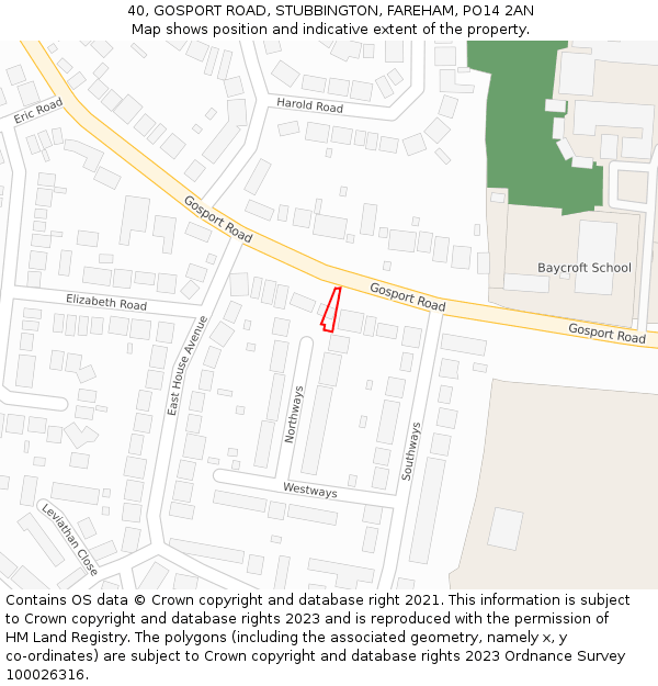 40, GOSPORT ROAD, STUBBINGTON, FAREHAM, PO14 2AN: Location map and indicative extent of plot