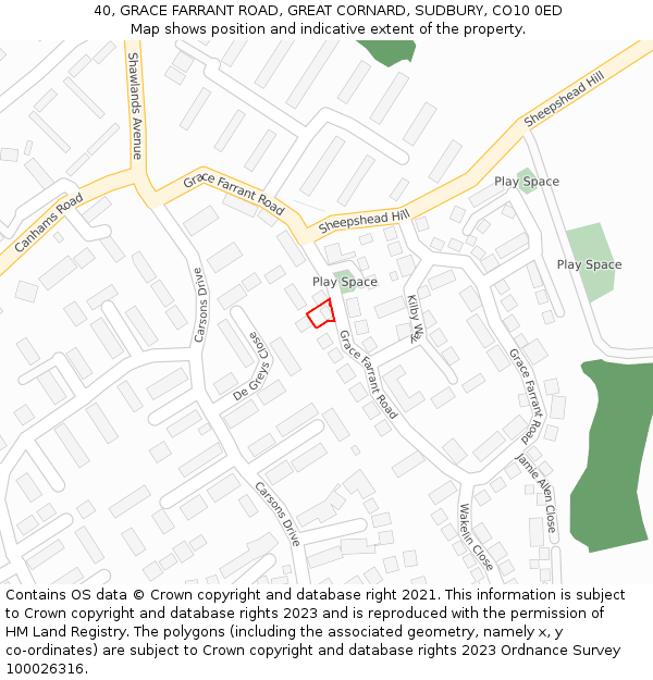 40, GRACE FARRANT ROAD, GREAT CORNARD, SUDBURY, CO10 0ED: Location map and indicative extent of plot