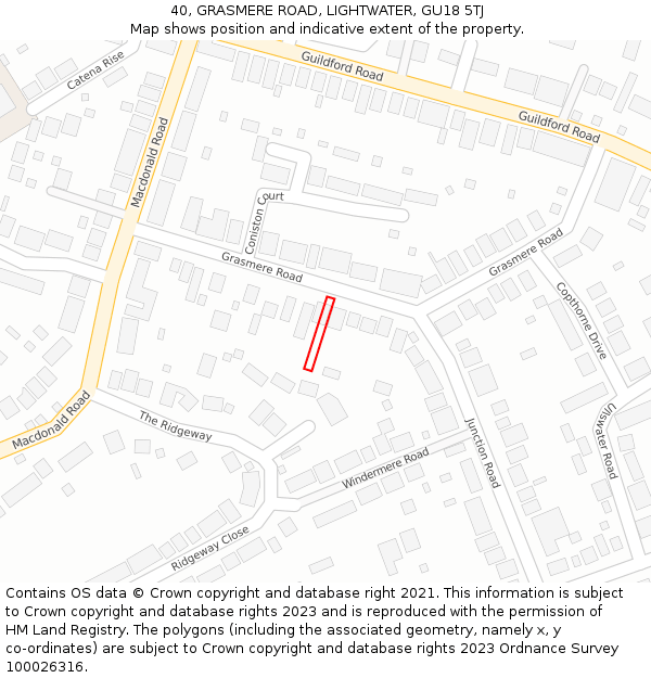 40, GRASMERE ROAD, LIGHTWATER, GU18 5TJ: Location map and indicative extent of plot