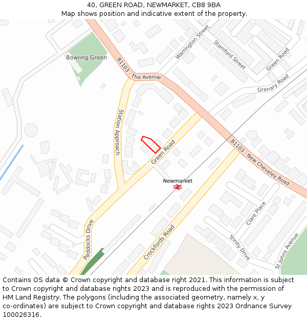 40, GREEN ROAD, NEWMARKET, CB8 9BA: Location map and indicative extent of plot