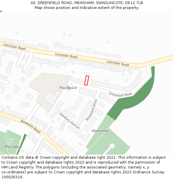 40, GREENFIELD ROAD, MEASHAM, SWADLINCOTE, DE12 7LB: Location map and indicative extent of plot