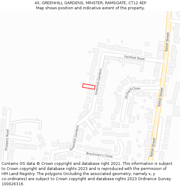 40, GREENHILL GARDENS, MINSTER, RAMSGATE, CT12 4EP: Location map and indicative extent of plot