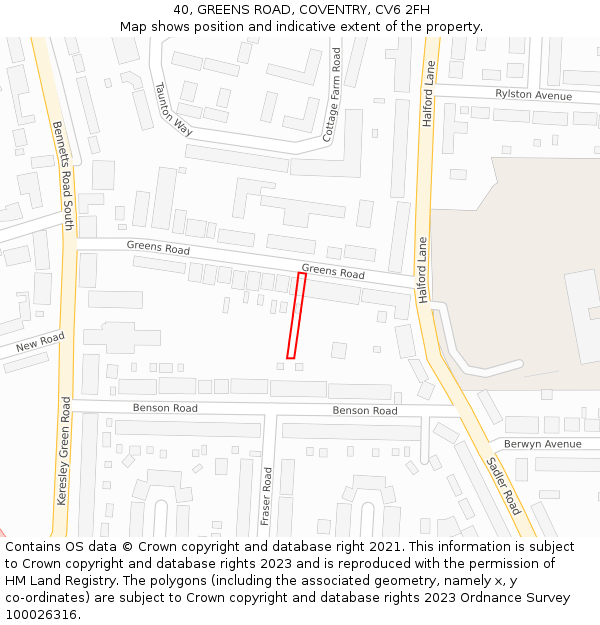 40, GREENS ROAD, COVENTRY, CV6 2FH: Location map and indicative extent of plot