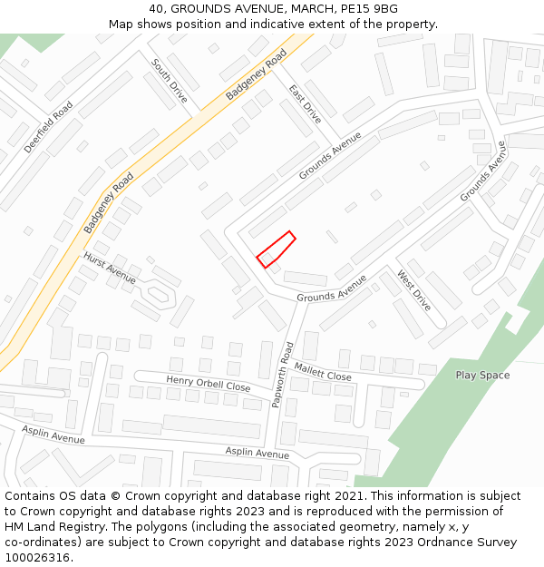 40, GROUNDS AVENUE, MARCH, PE15 9BG: Location map and indicative extent of plot